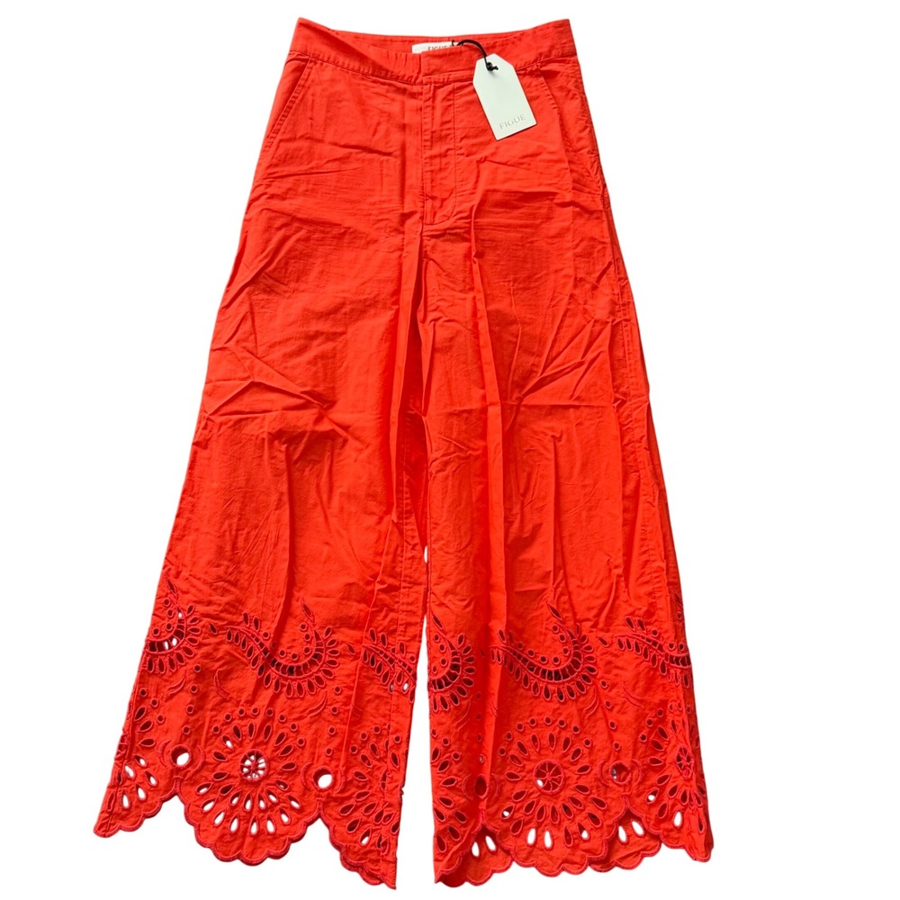 FIGUE Ramona Pant Orange Embroidered Eyelet‎ Wide Leg Culottes Size 0 MSRP $448